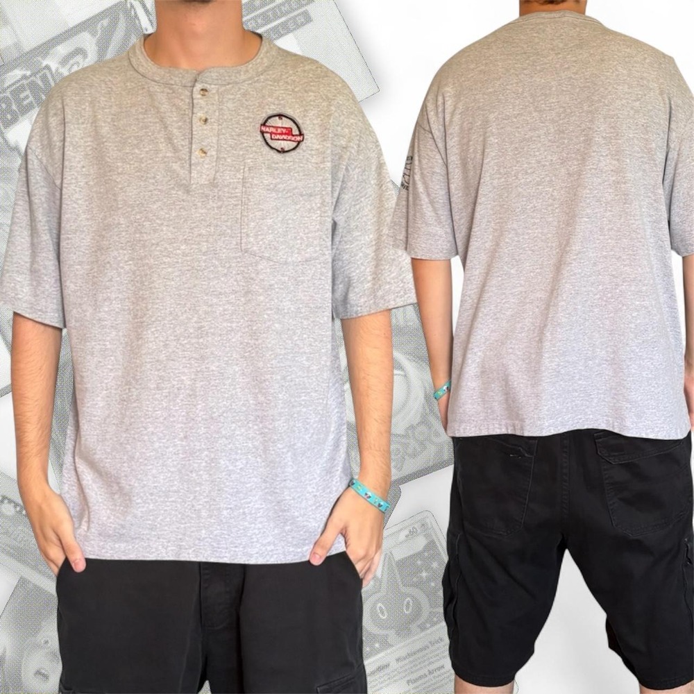Vintage 90s Harley Davidson Henley Shirt Single Stitch Gray Graphic Embroidery